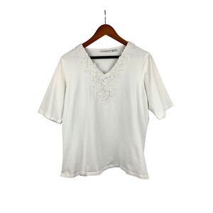 Susan Graver Womens Large White Cotton & Spandex Top With Crochet Lace Detail